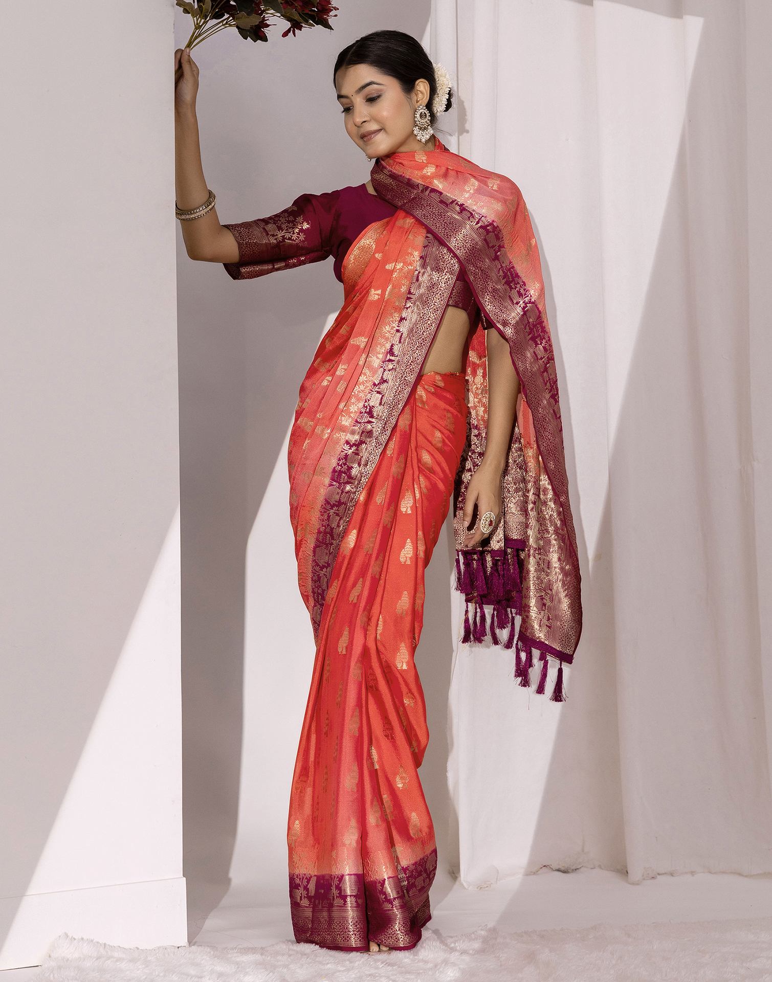 Coral Pink Chiffon Woven Saree