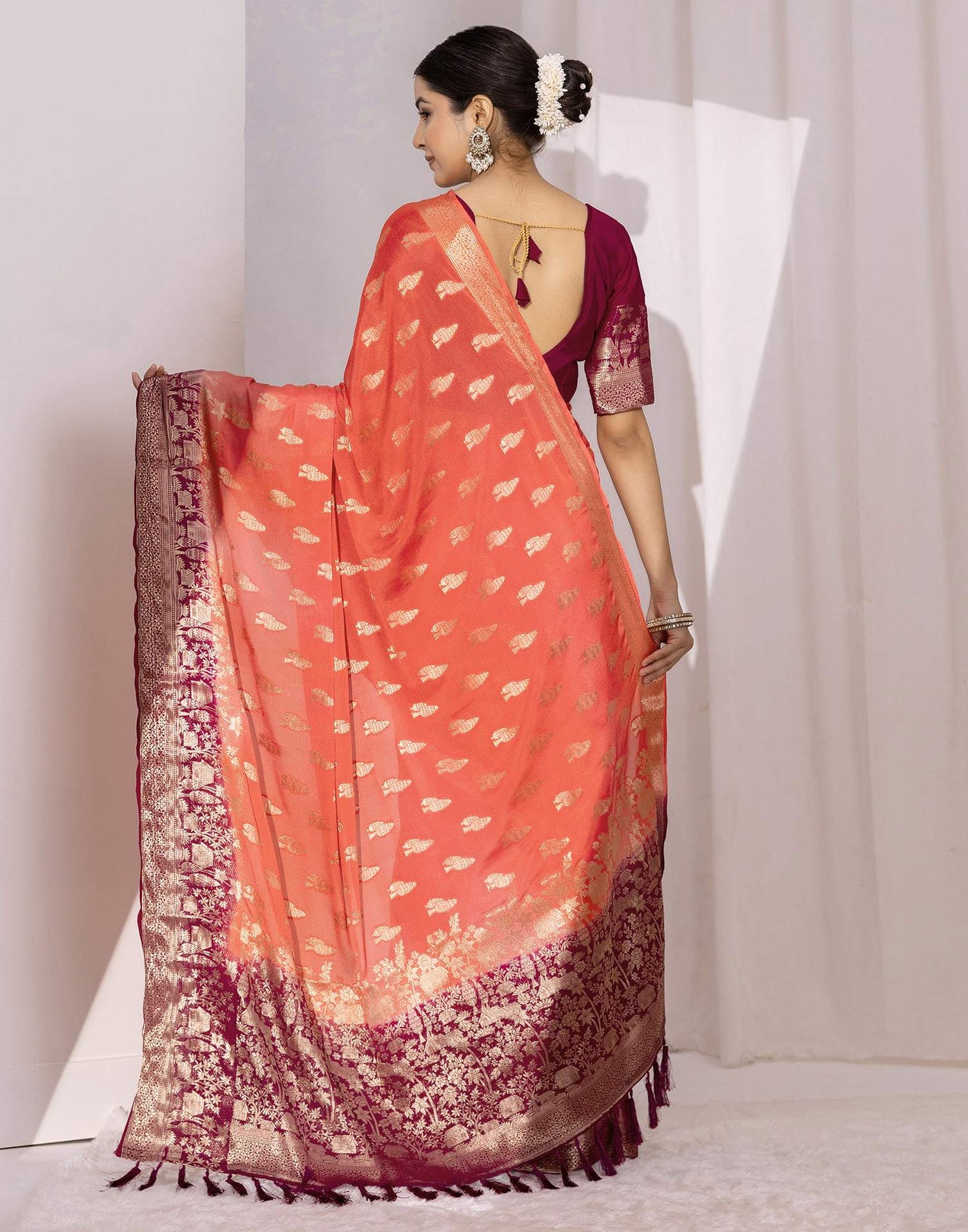 Coral Pink Chiffon Woven Saree