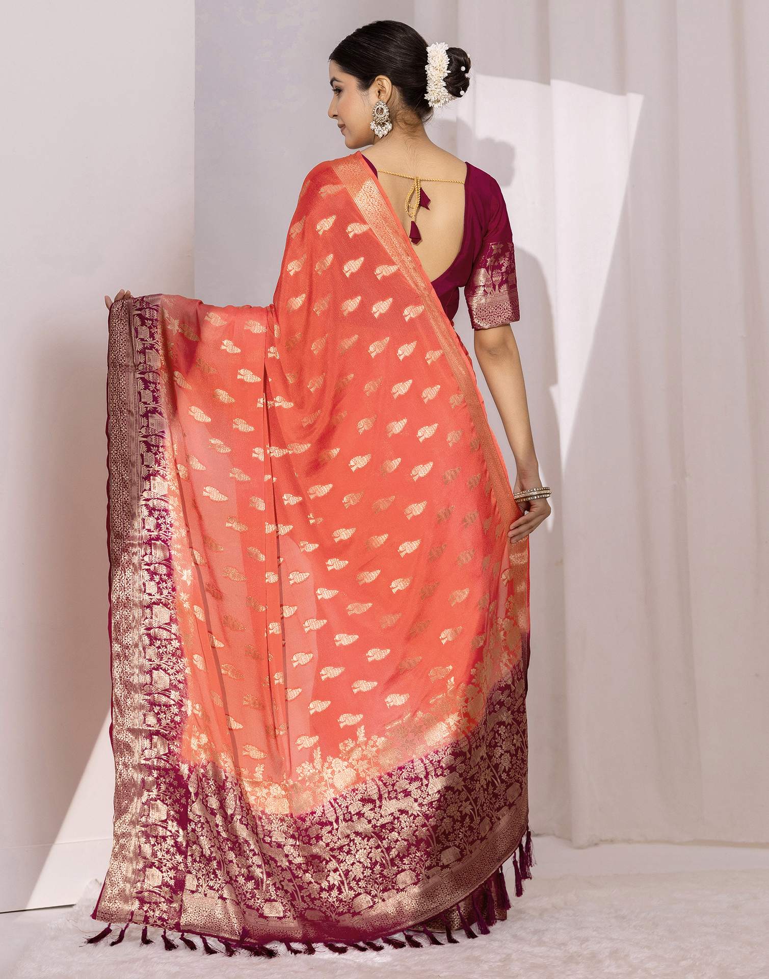 Coral Pink Chiffon Woven Saree