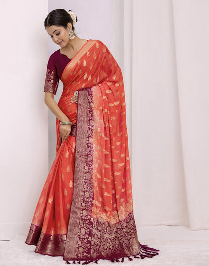 Coral Pink Chiffon Woven Saree