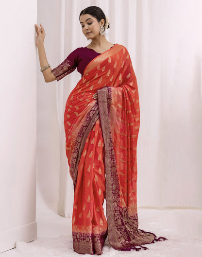 Coral Pink Chiffon Woven Saree