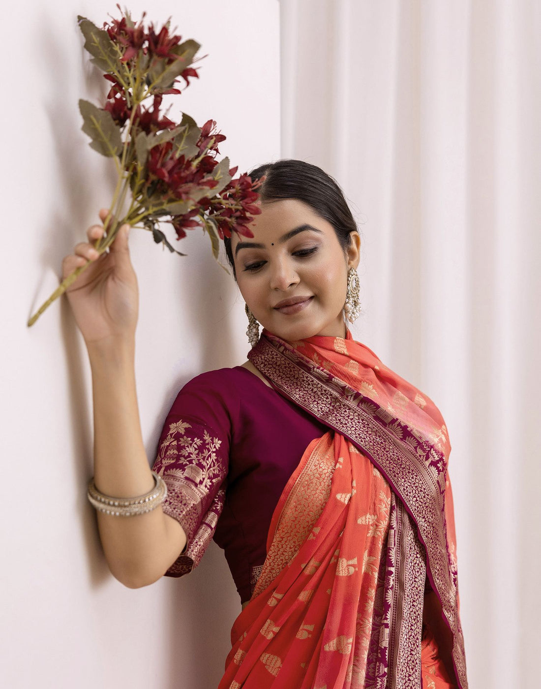 Coral Pink Chiffon Woven Saree
