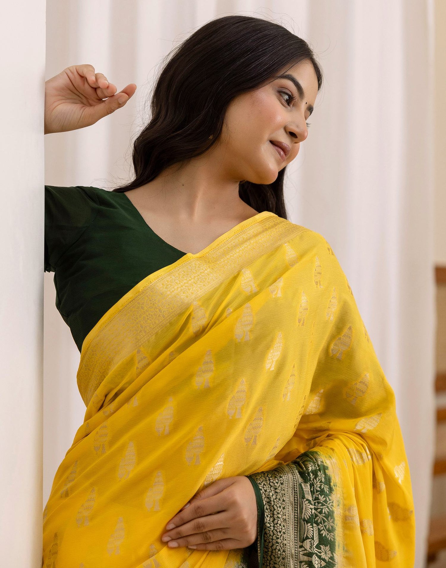 Yellow Chiffon Woven Saree