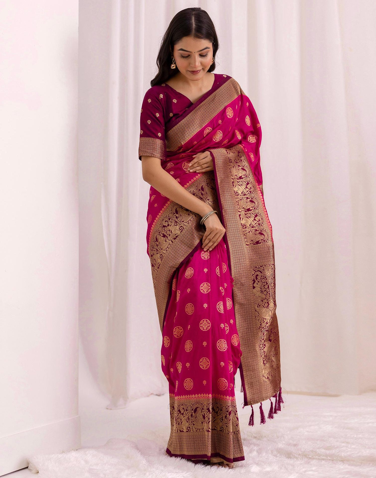 Rani Pink Silk Woven Kanjivaram Saree