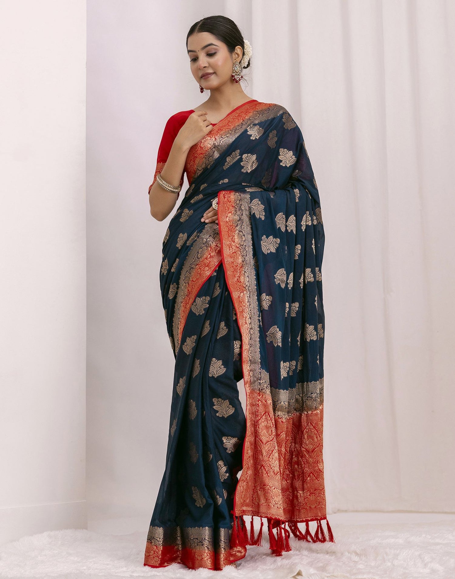 Navy Blue Chiffon Woven Saree