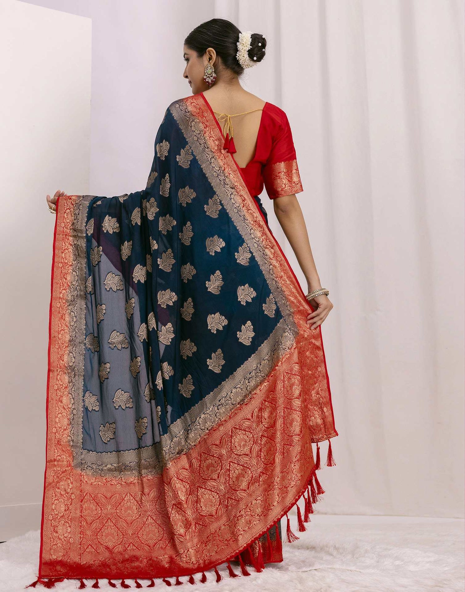 Navy Blue Chiffon Woven Saree