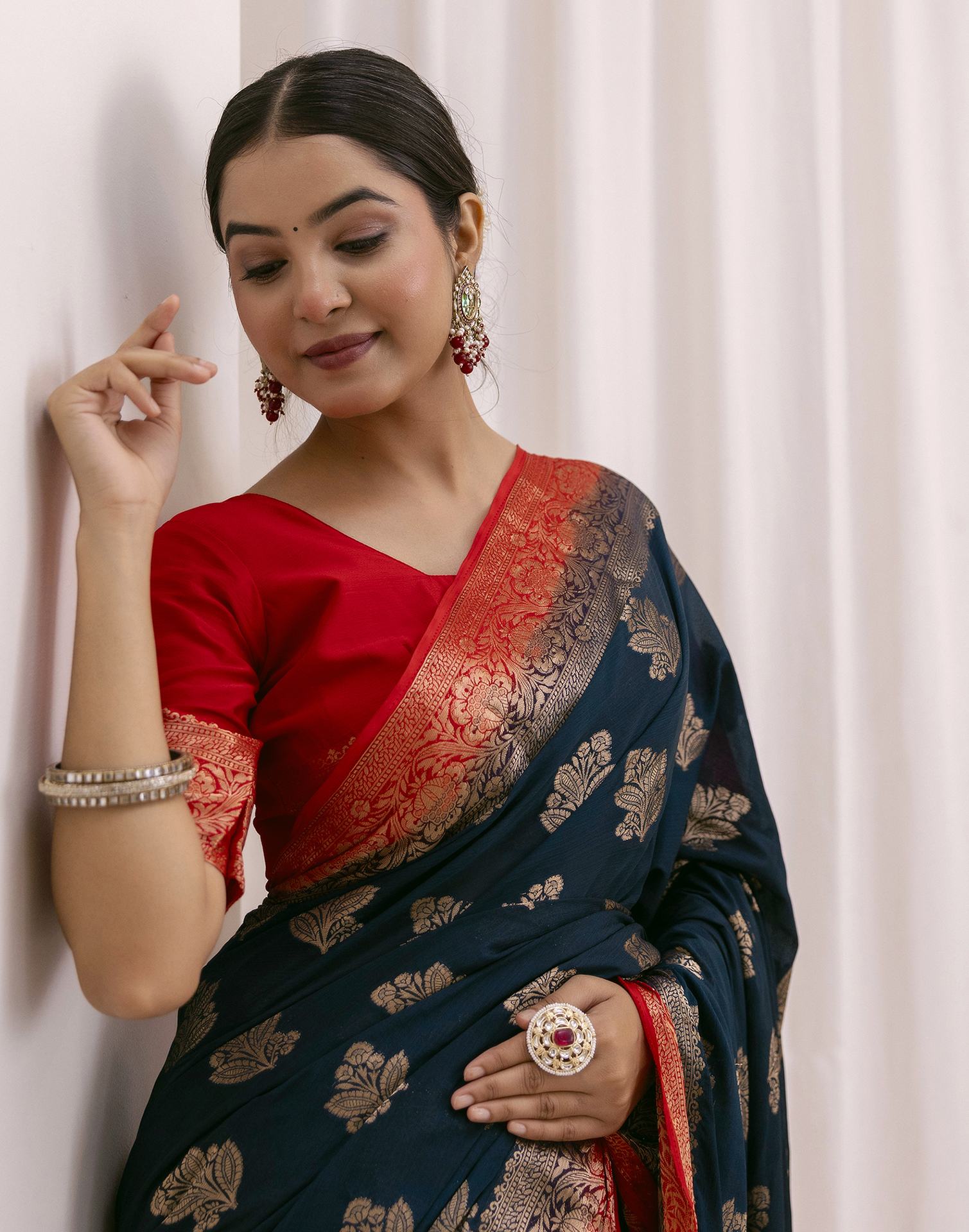 Navy Blue Chiffon Woven Saree