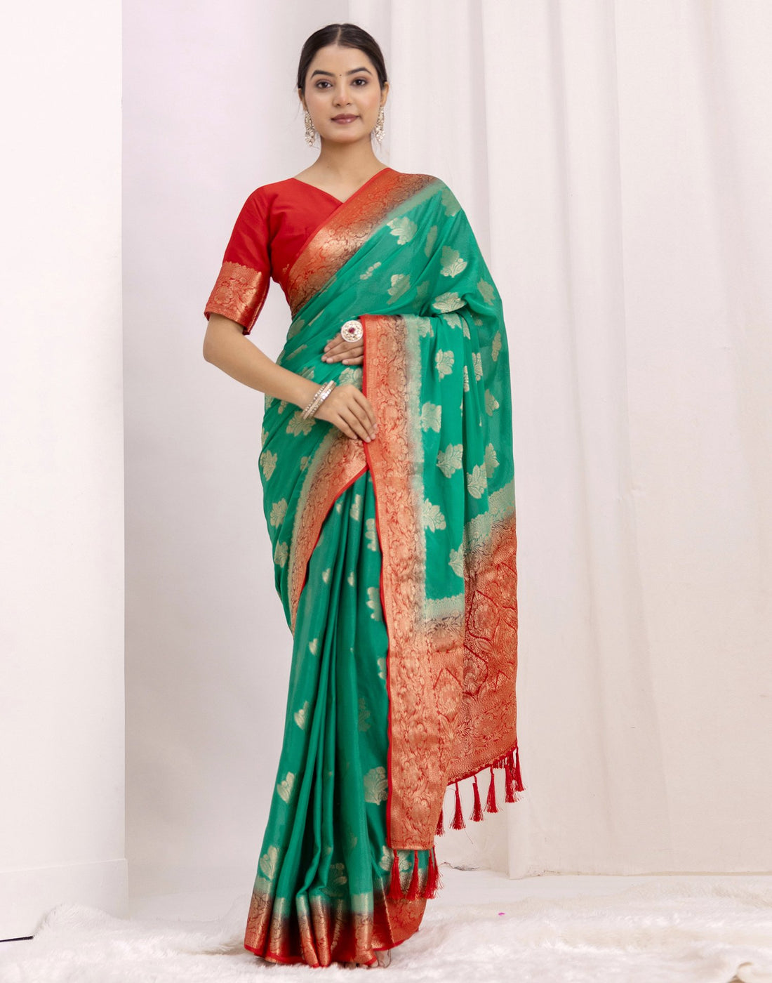 Teal Green Chiffon Woven Saree