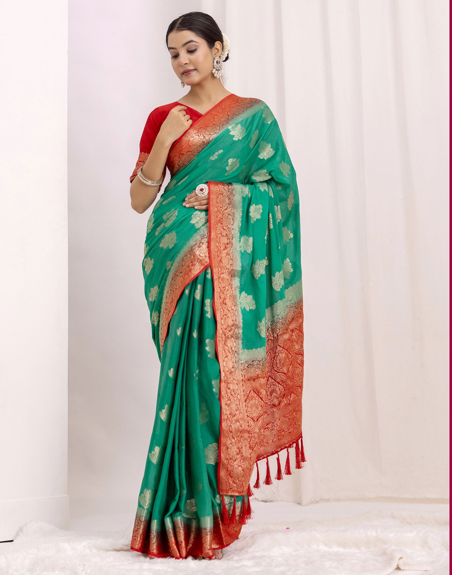 Teal Green Chiffon Woven Saree