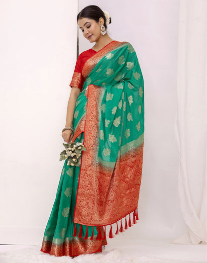 Teal Green Chiffon Woven Saree