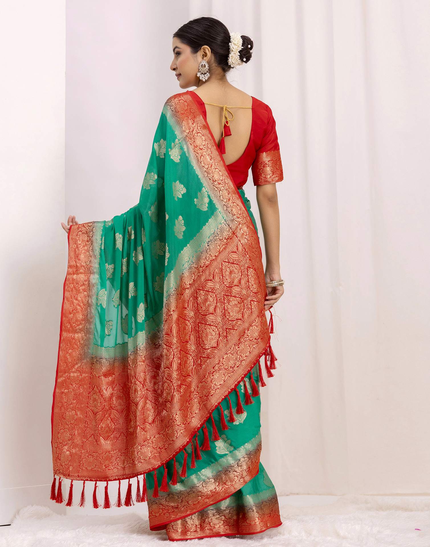 Teal Green Chiffon Woven Saree