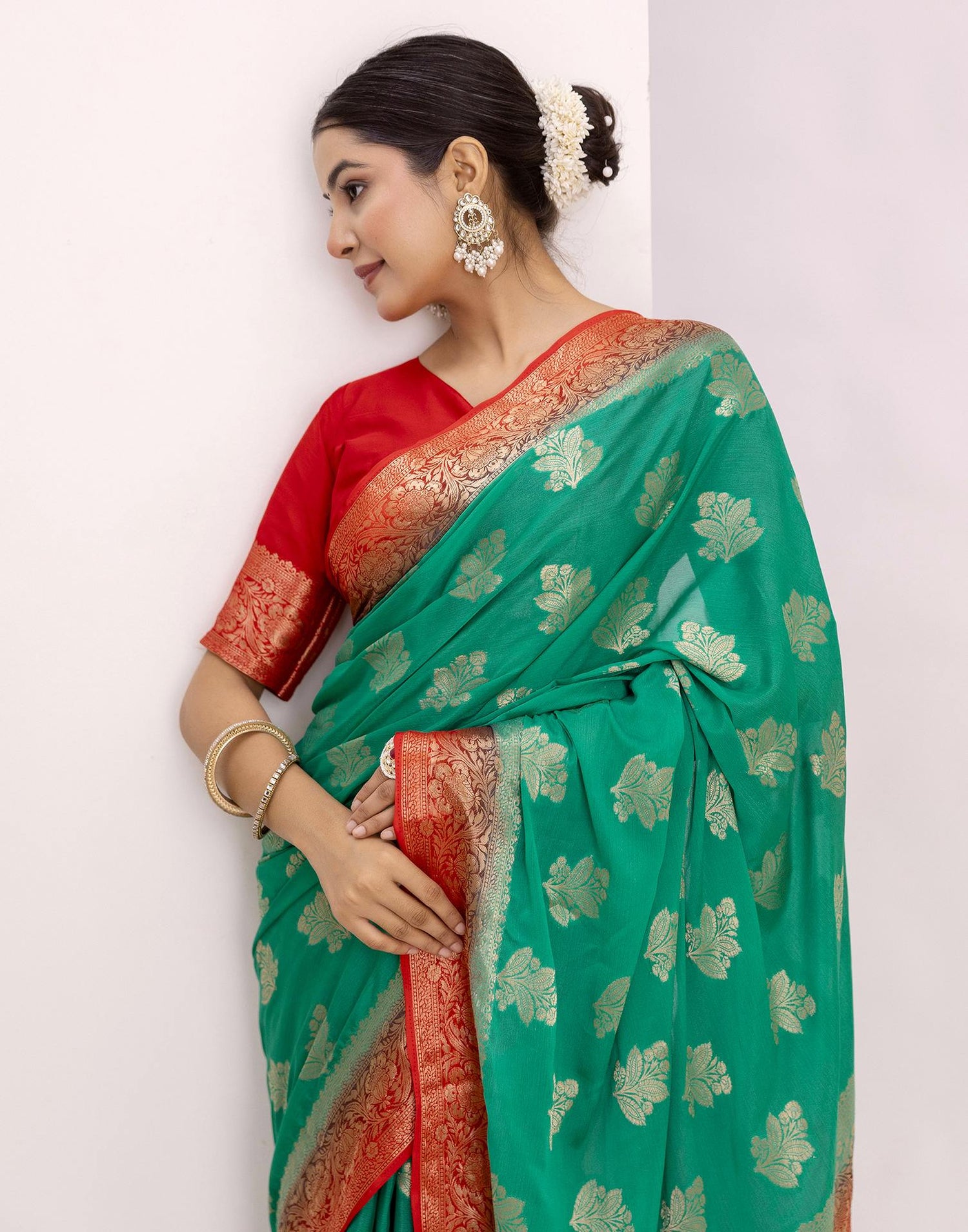 Teal Green Chiffon Woven Saree