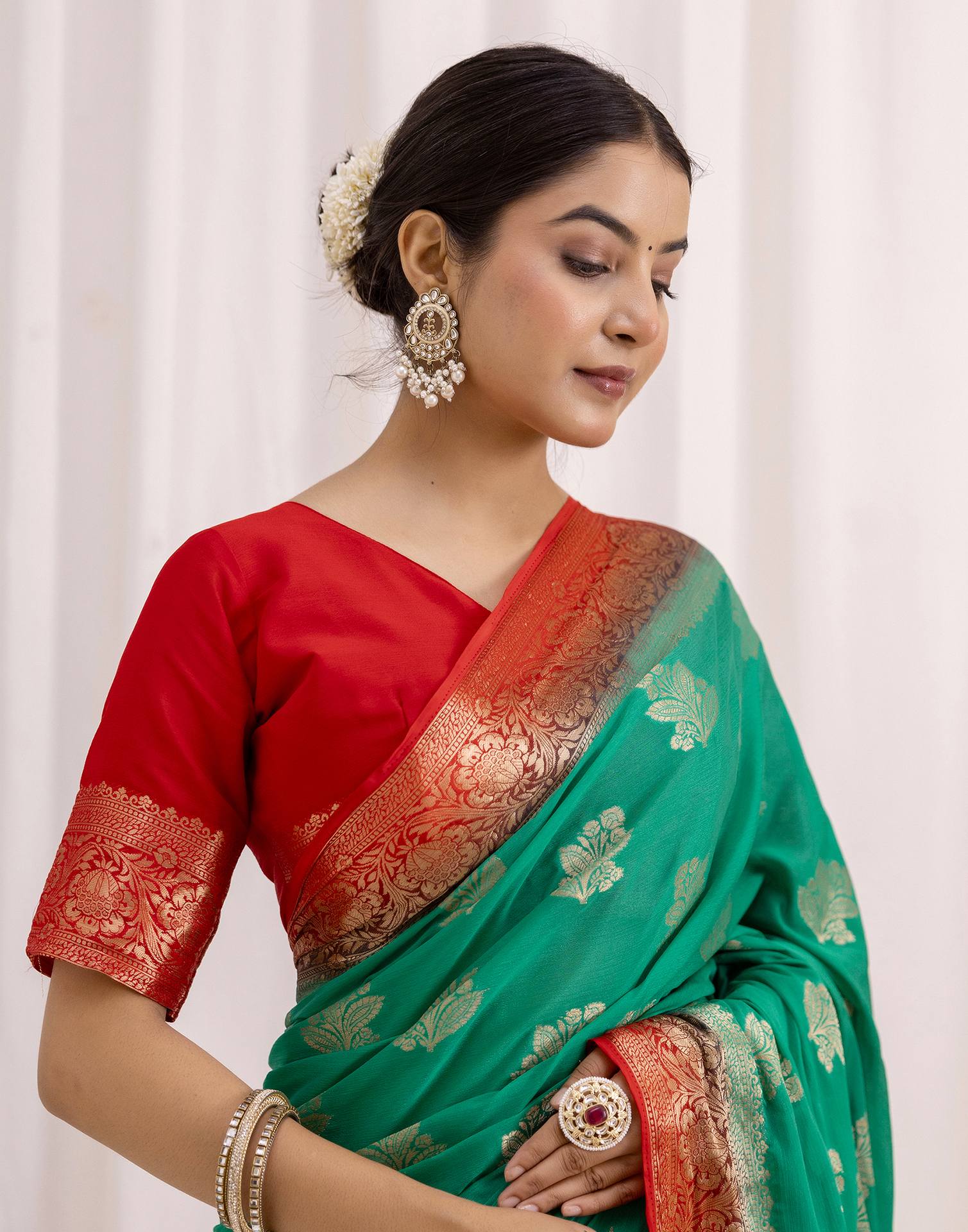 Teal Green Chiffon Woven Saree