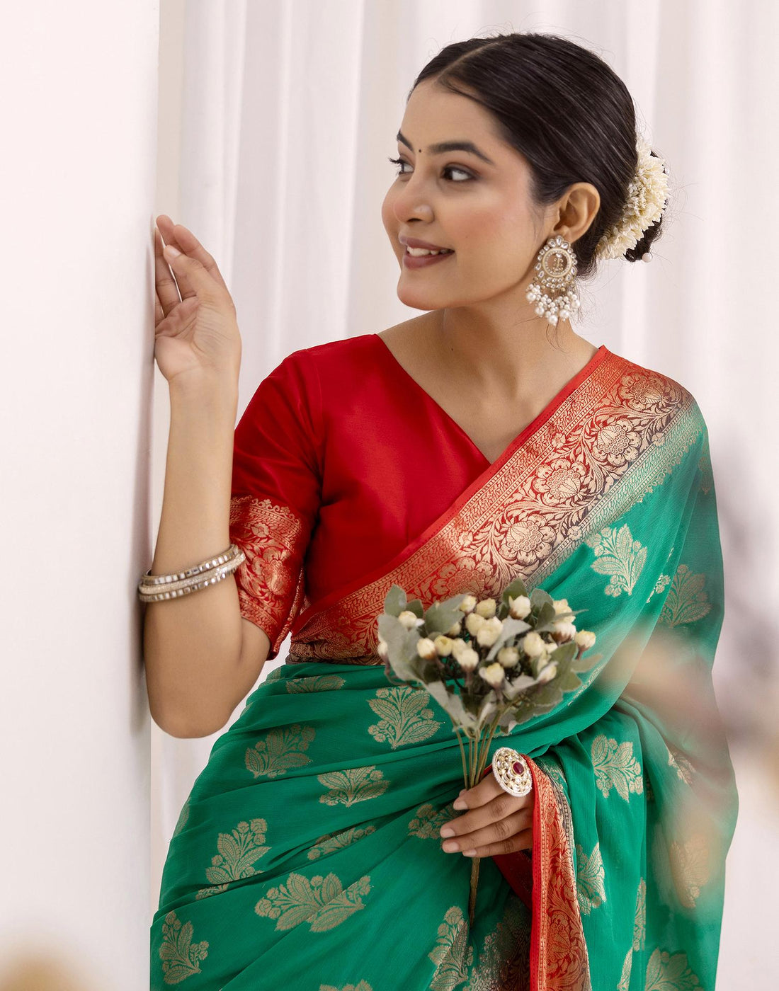 Teal Green Chiffon Woven Saree