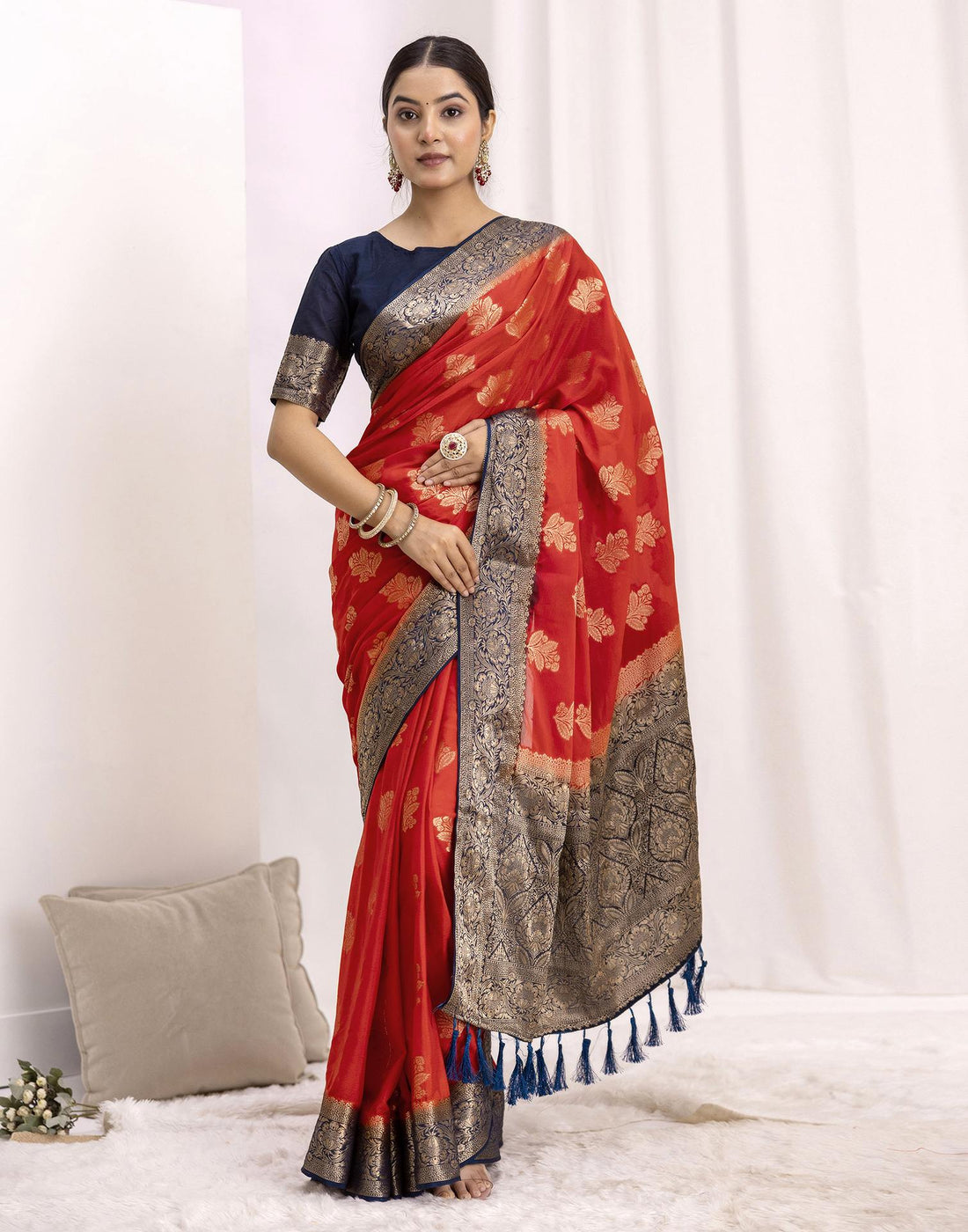 Red Chiffon Woven Saree