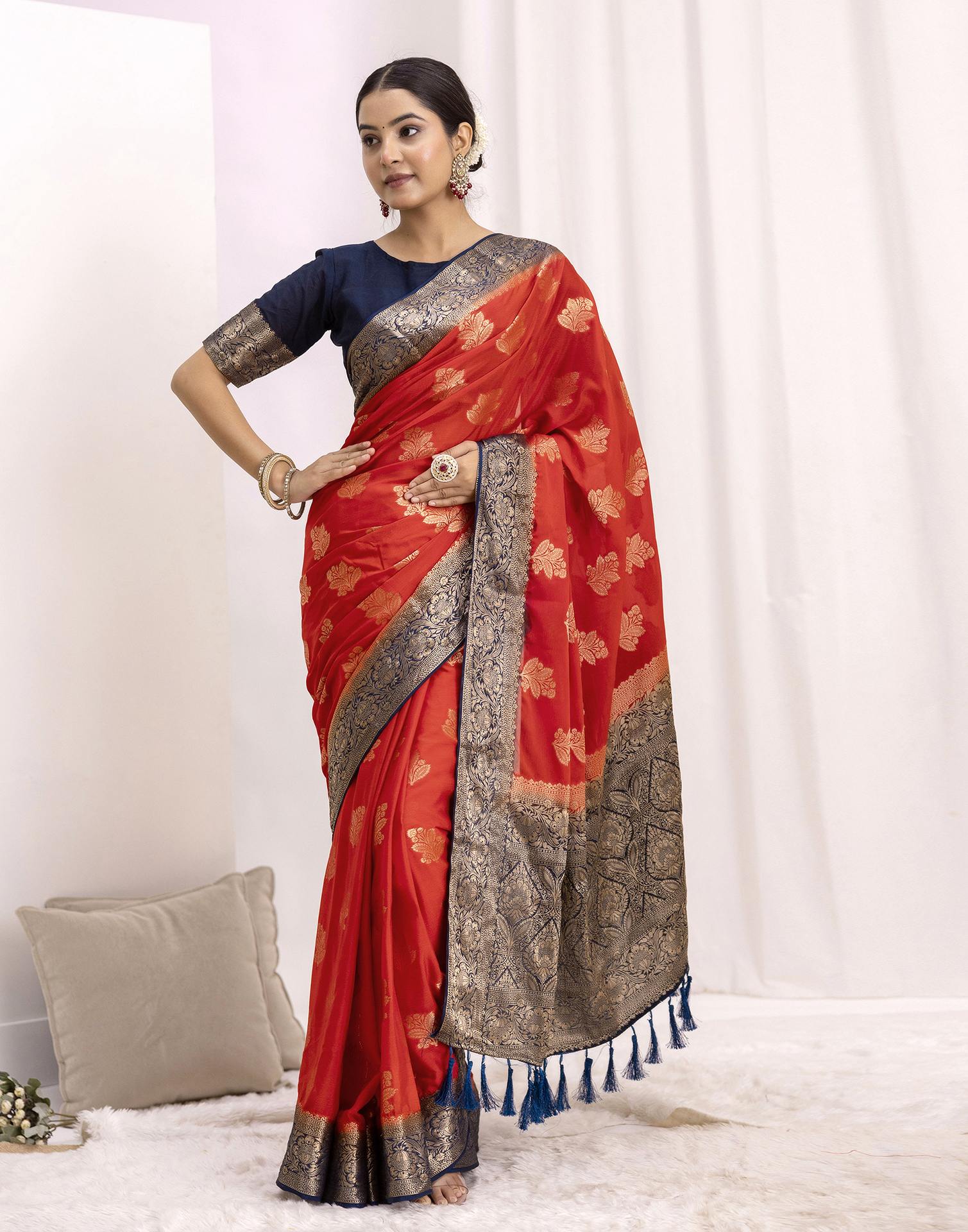 Red Chiffon Woven Saree