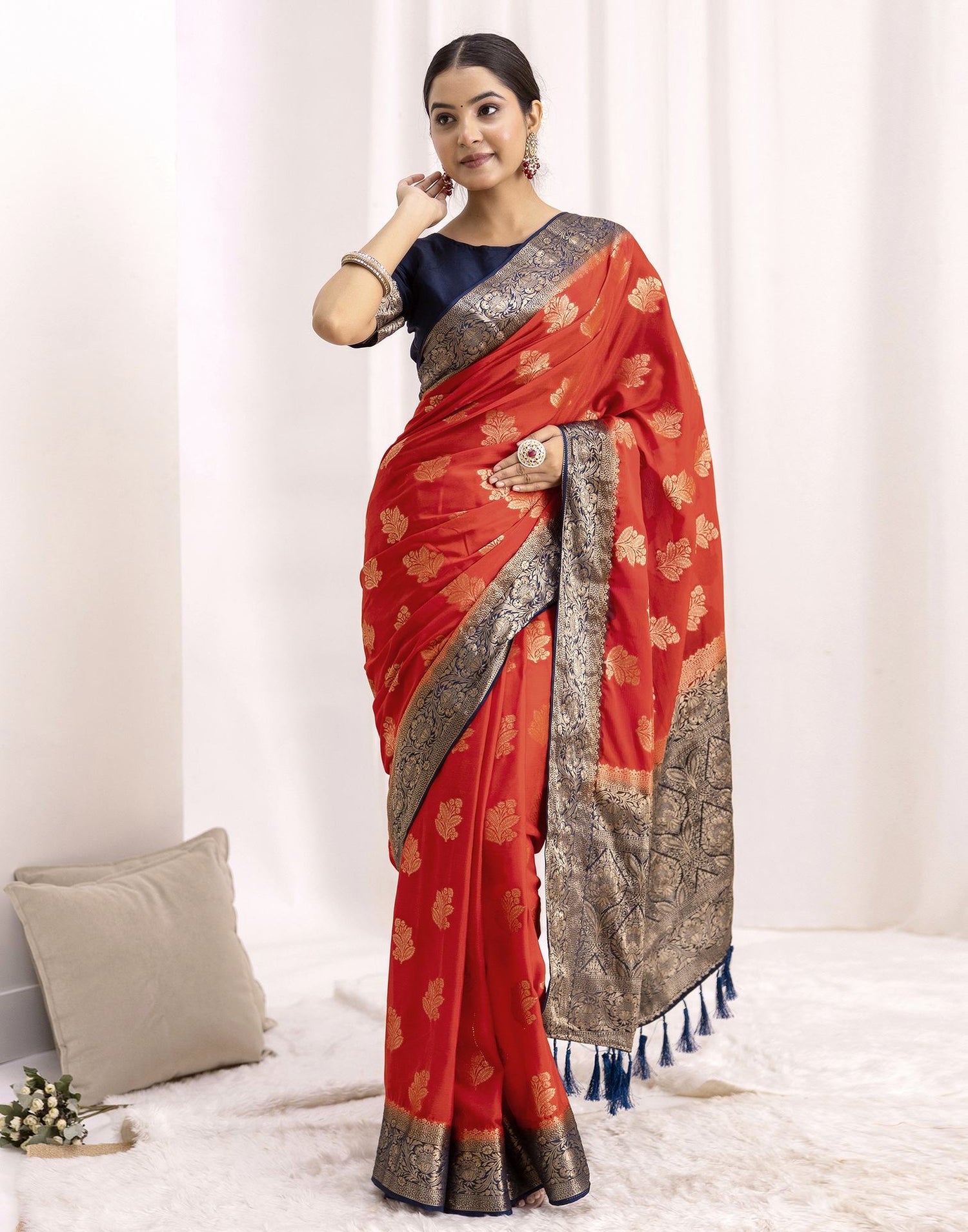 Red Chiffon Woven Saree
