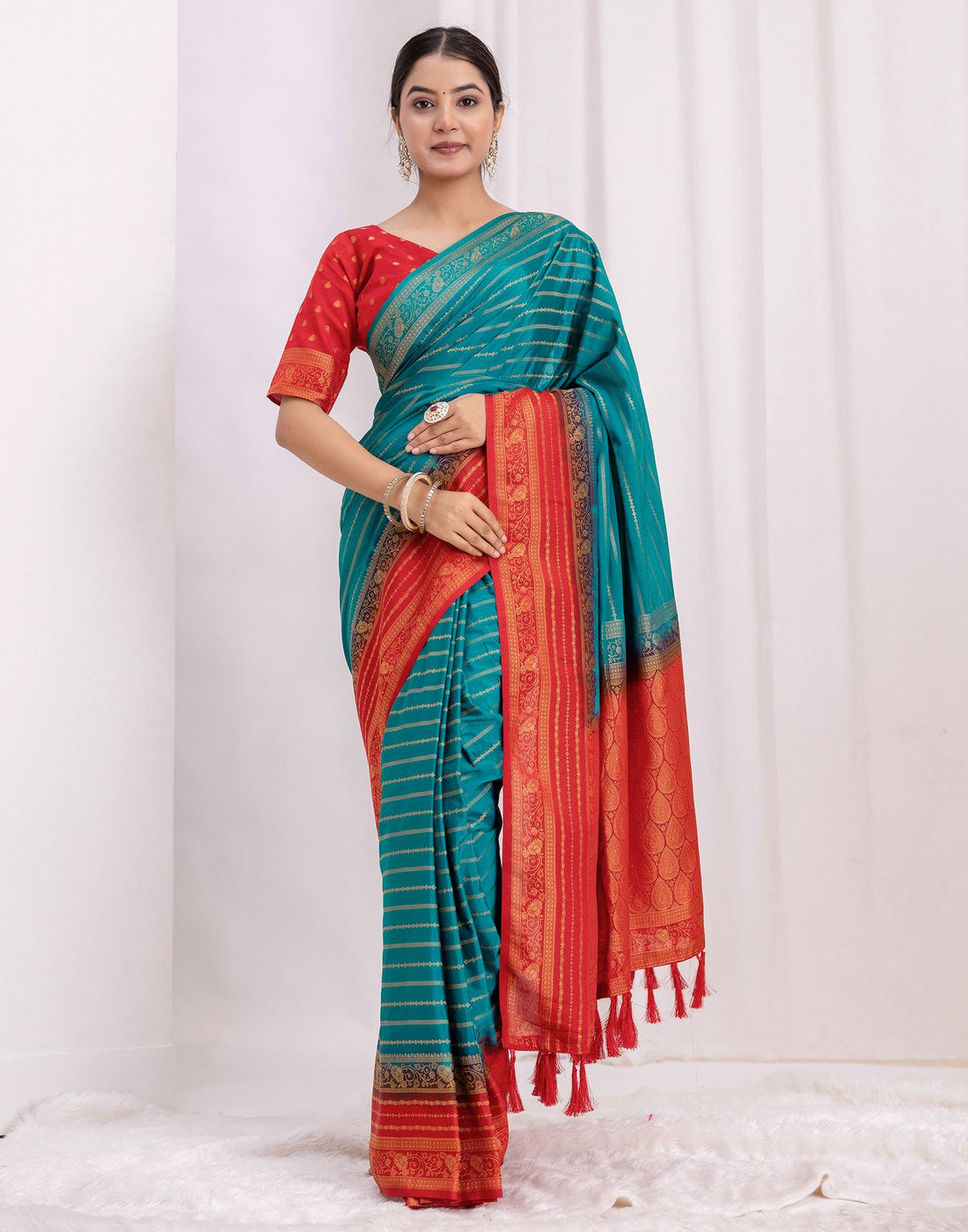 Dark Turquoise Silk Woven Saree