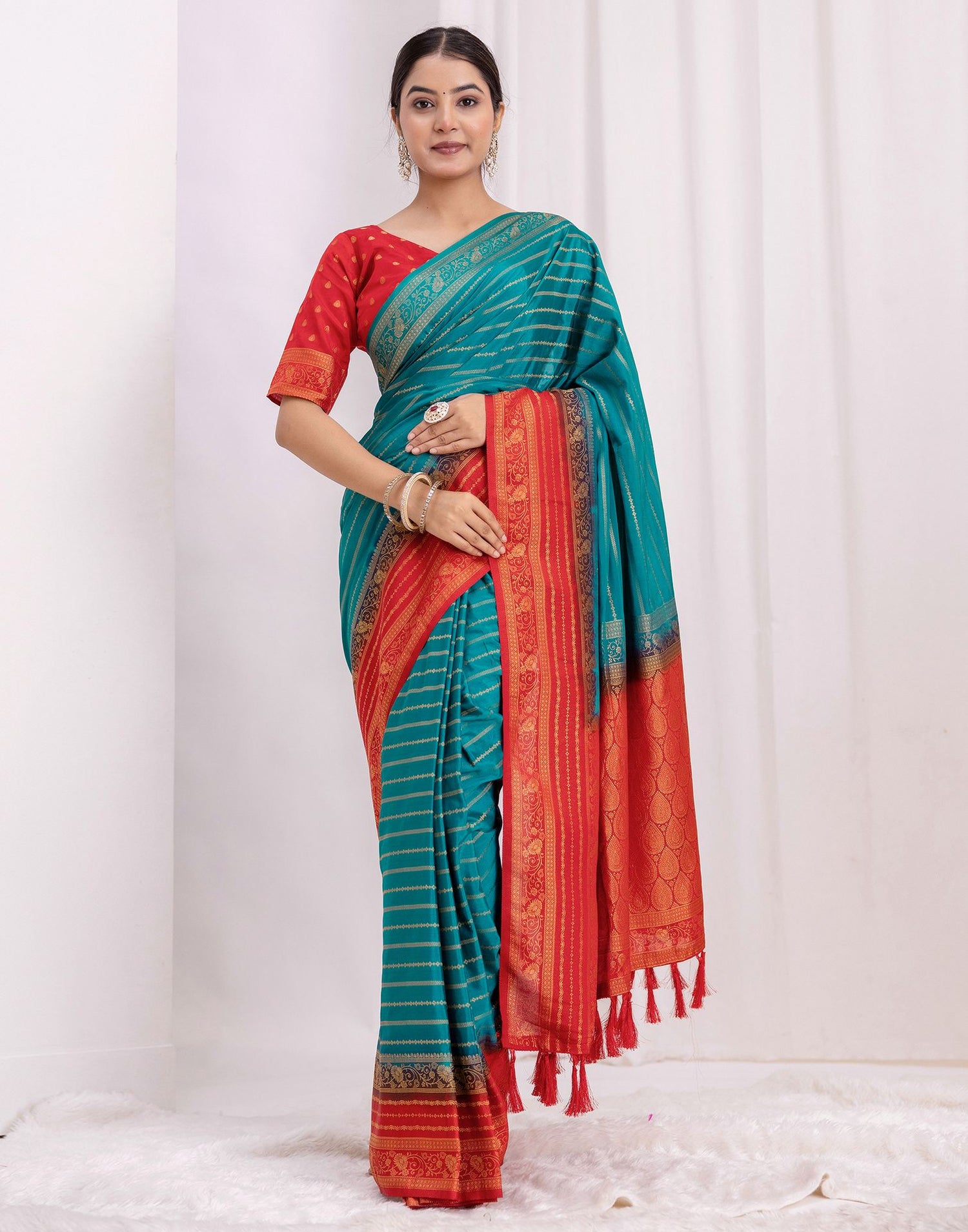 Dark Turquoise Silk Woven Saree
