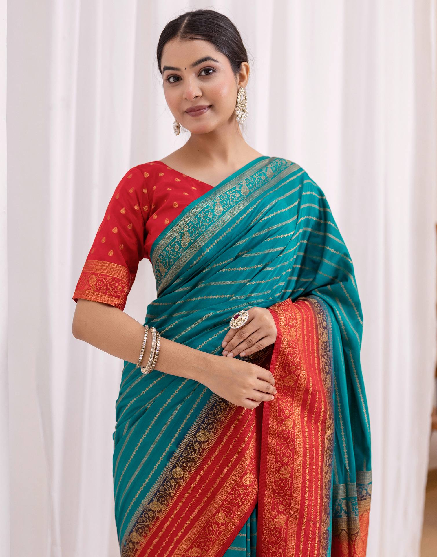 Dark Turquoise Silk Woven Saree