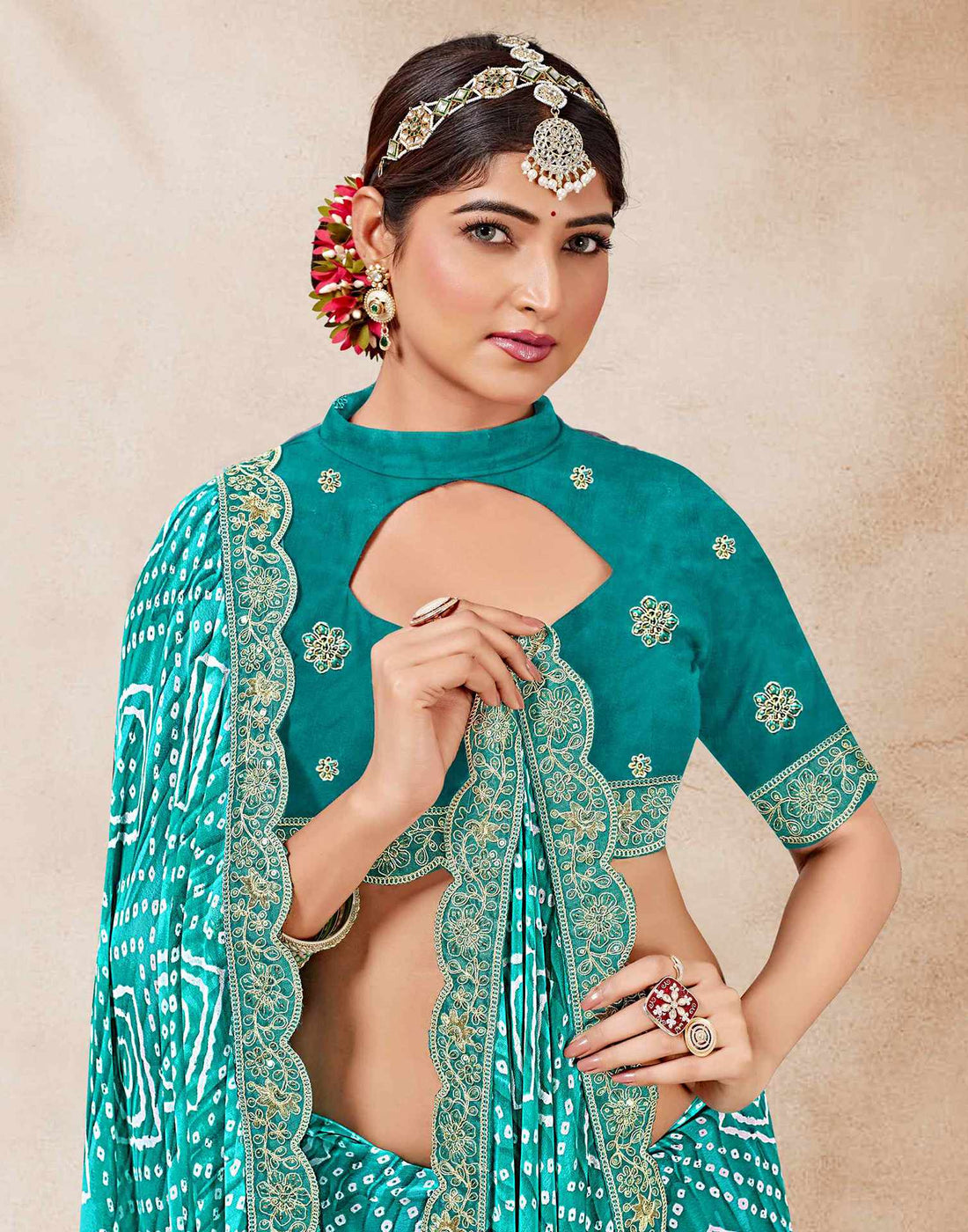 Teal Blue Weightless Georgette Printed Bandhani Saree