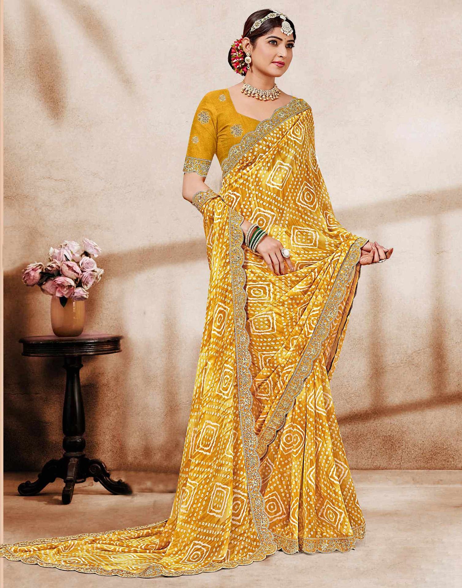 Mustard Yellow Weightless Georgette Printed Bandhani Saree – Sudathi
