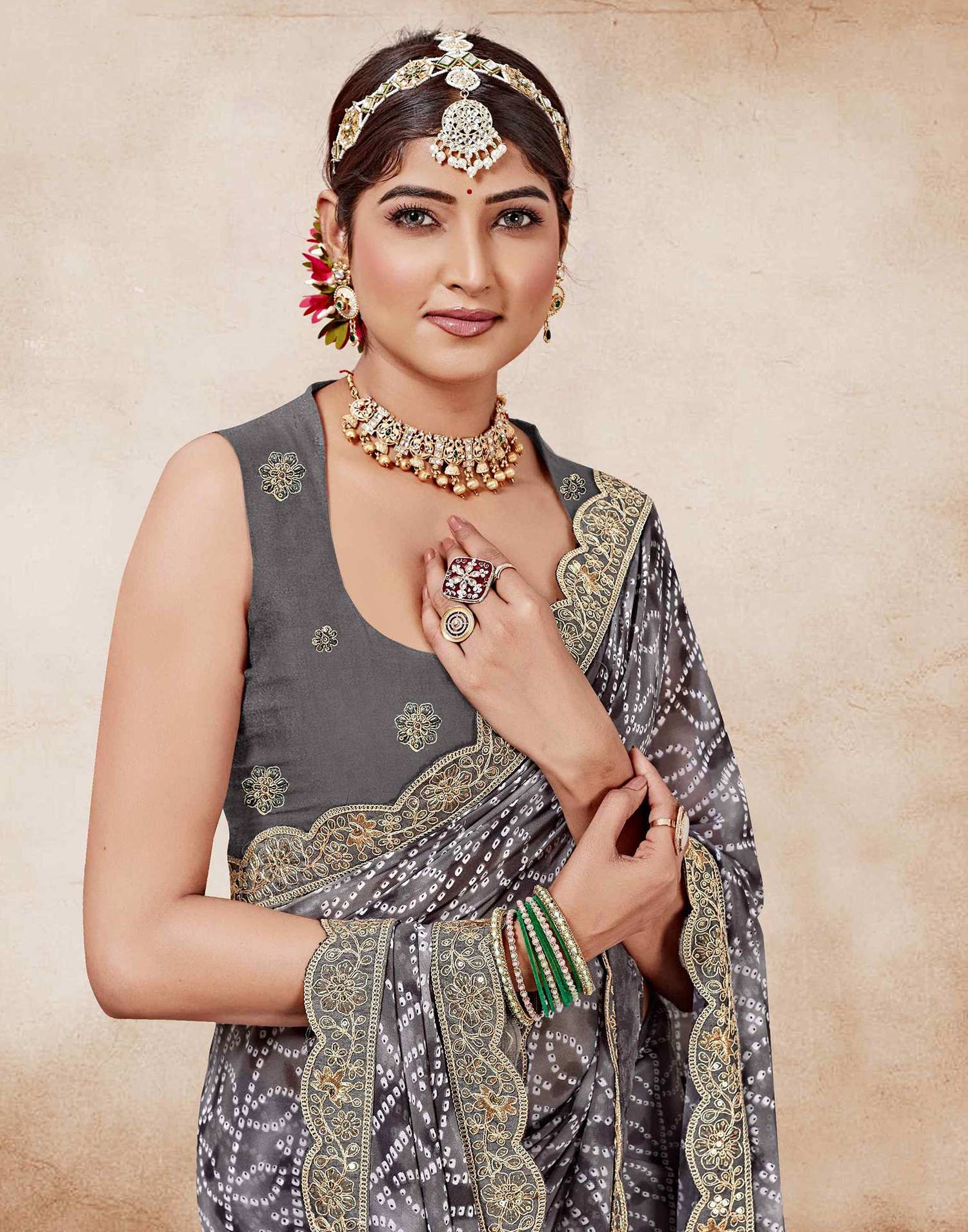 Grey Weightless Georgette Printed Bandhani Saree