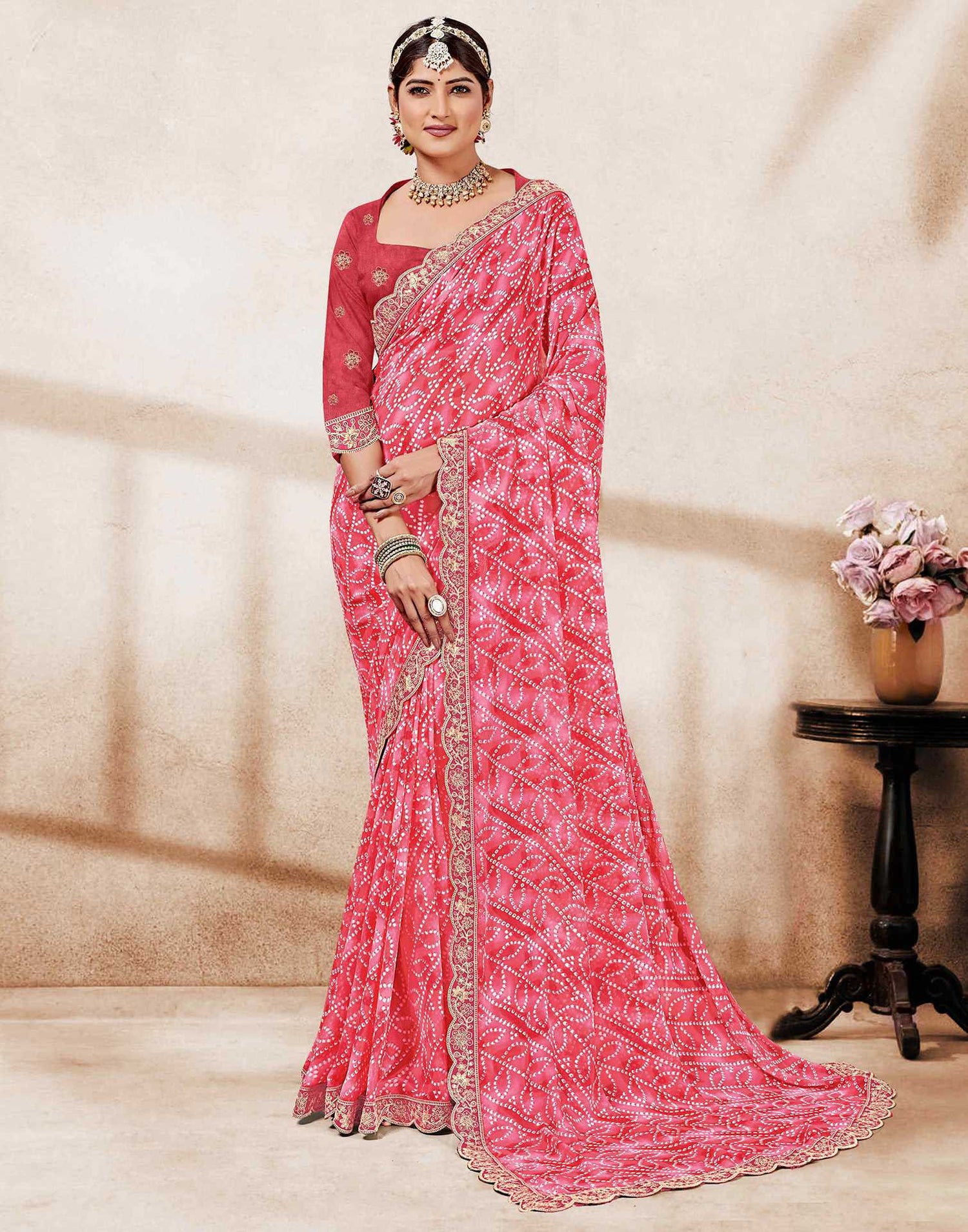 Coral Red Weightless Georgette Printed Bandhani Saree