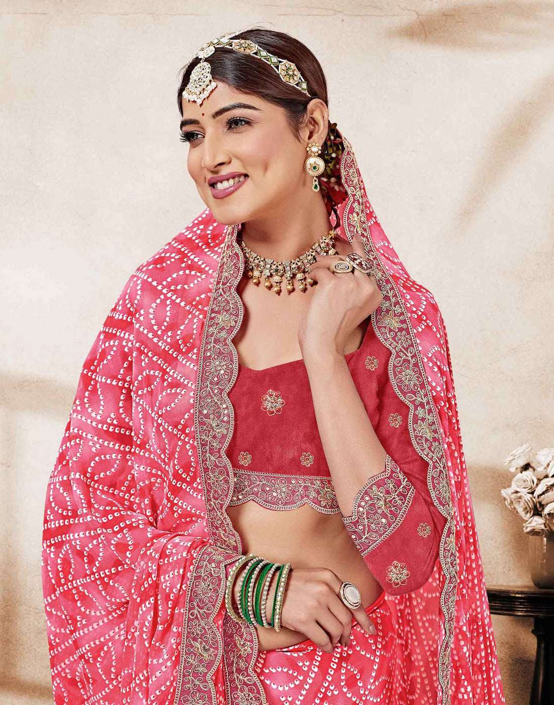 Coral Red Weightless Georgette Printed Bandhani Saree