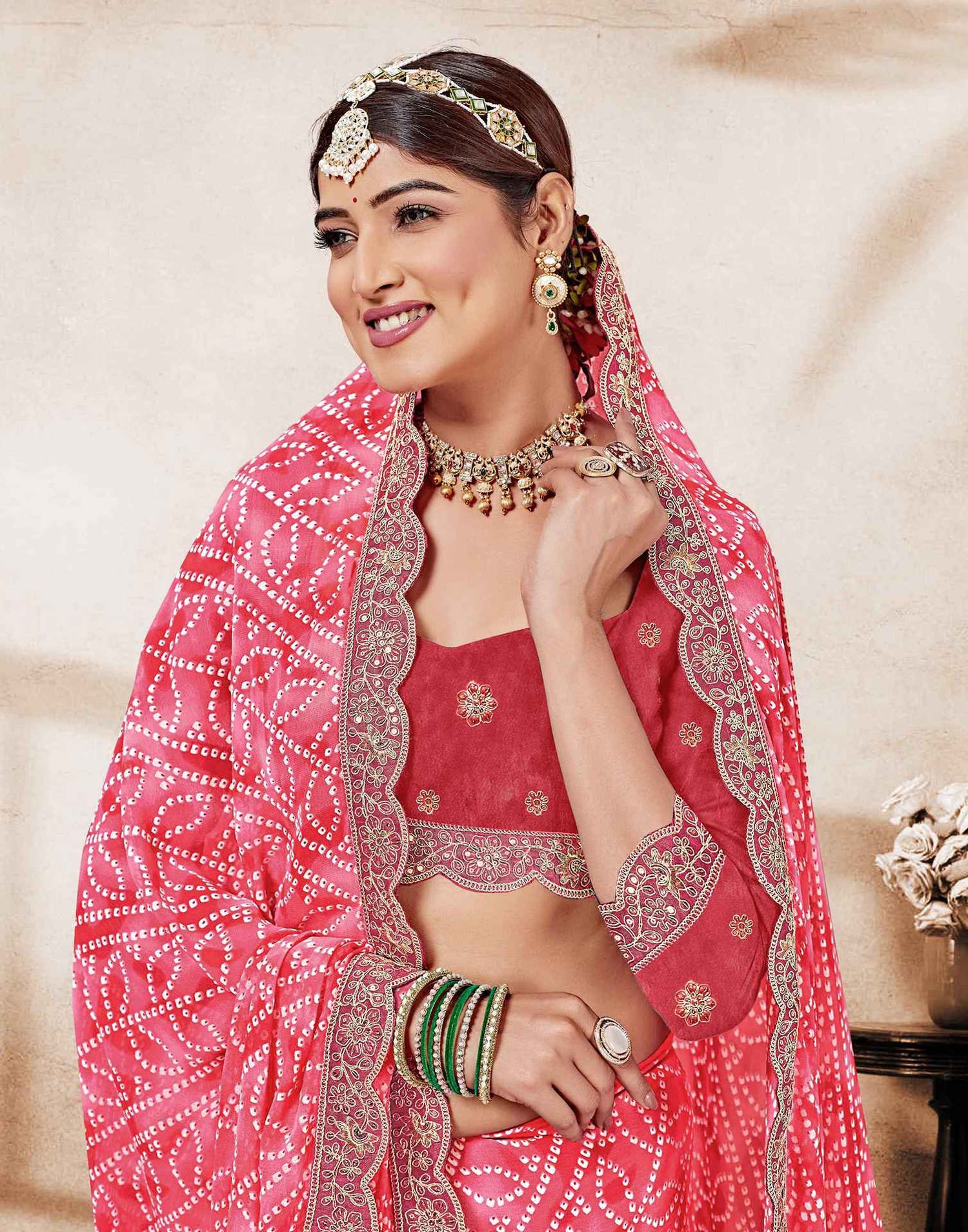 Coral Red Weightless Georgette Printed Bandhani Saree