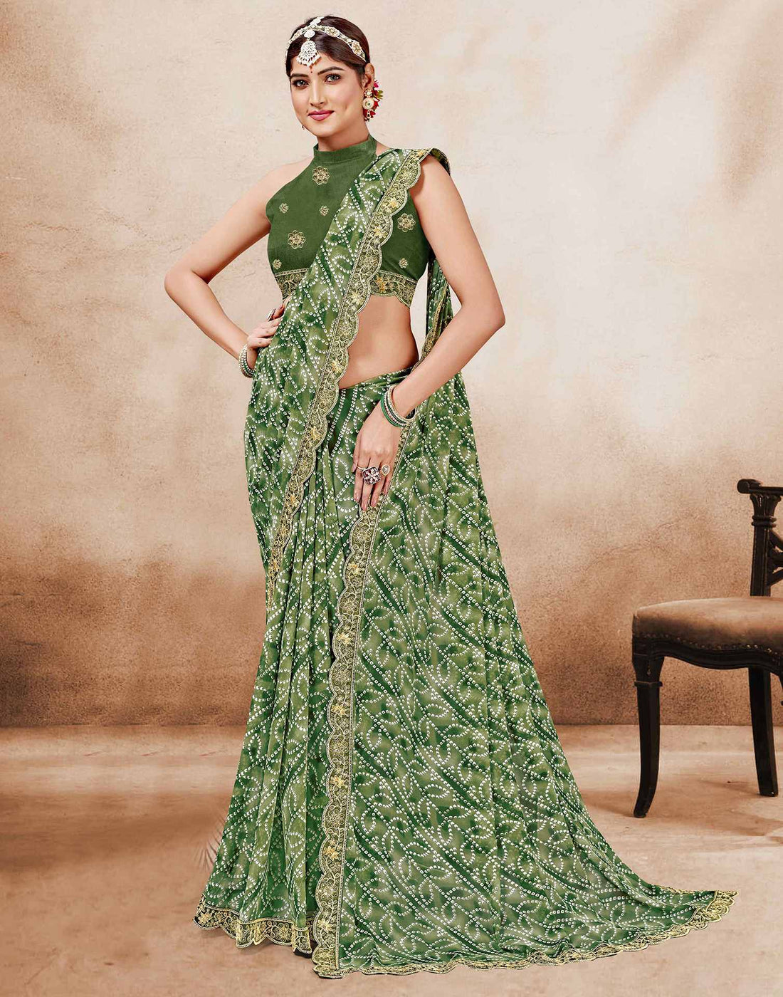 Green Weightless Georgette Printed Bandhani Saree