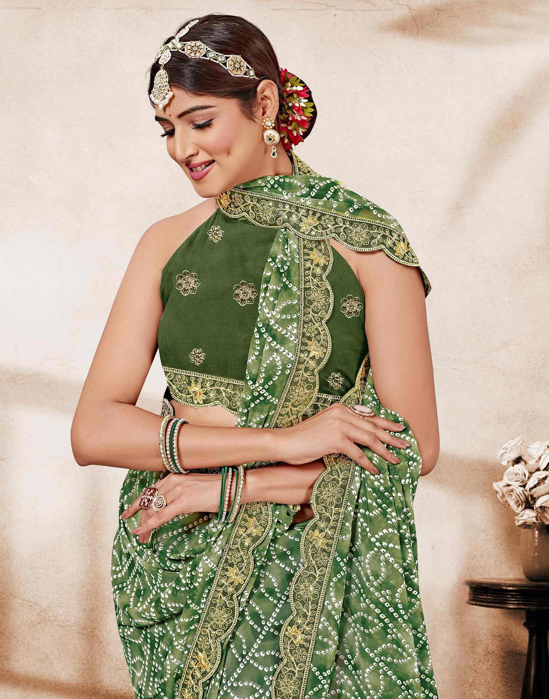 Green Weightless Georgette Printed Bandhani Saree