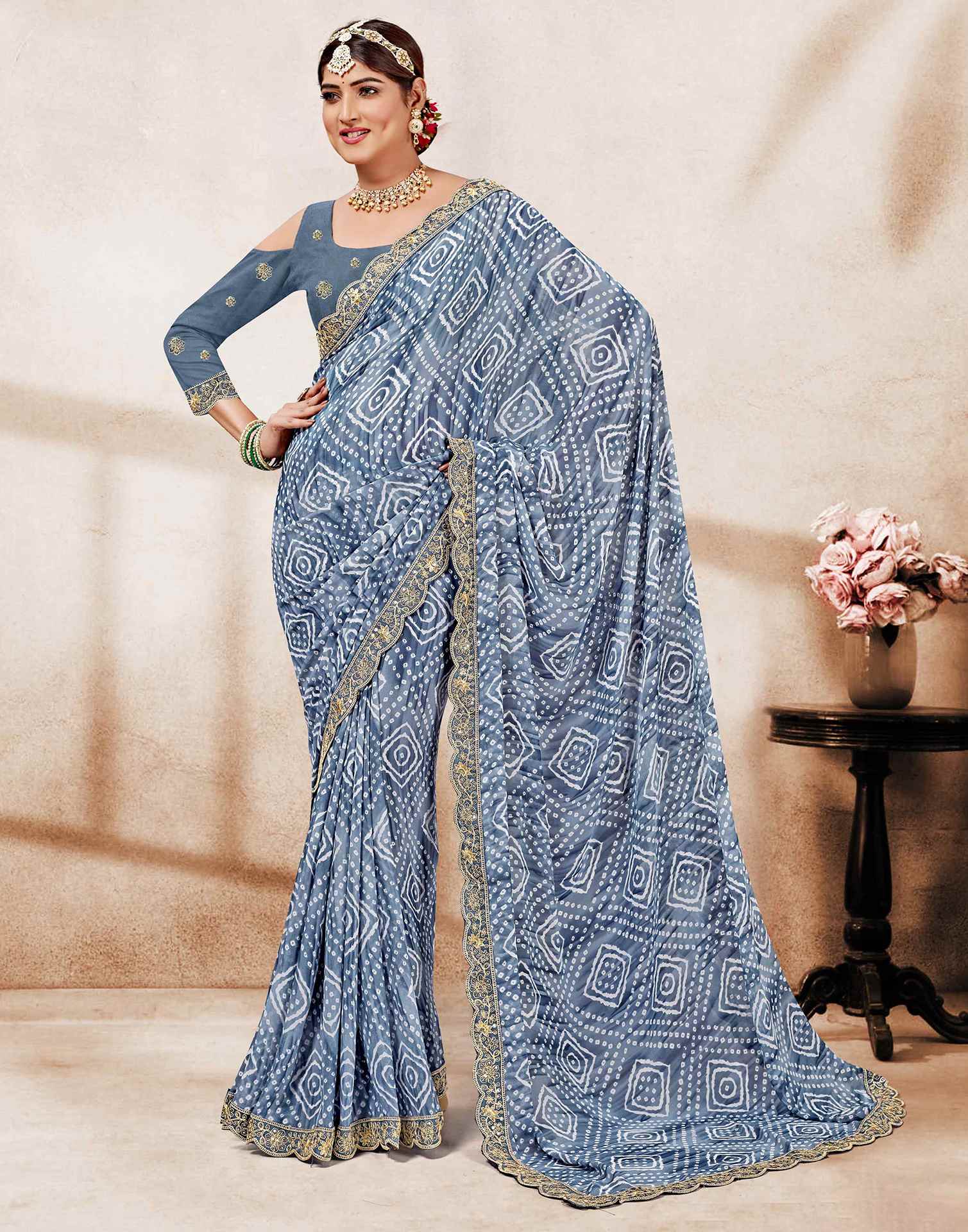 Metalic Blue Weightless Georgette Printed Bandhani Saree