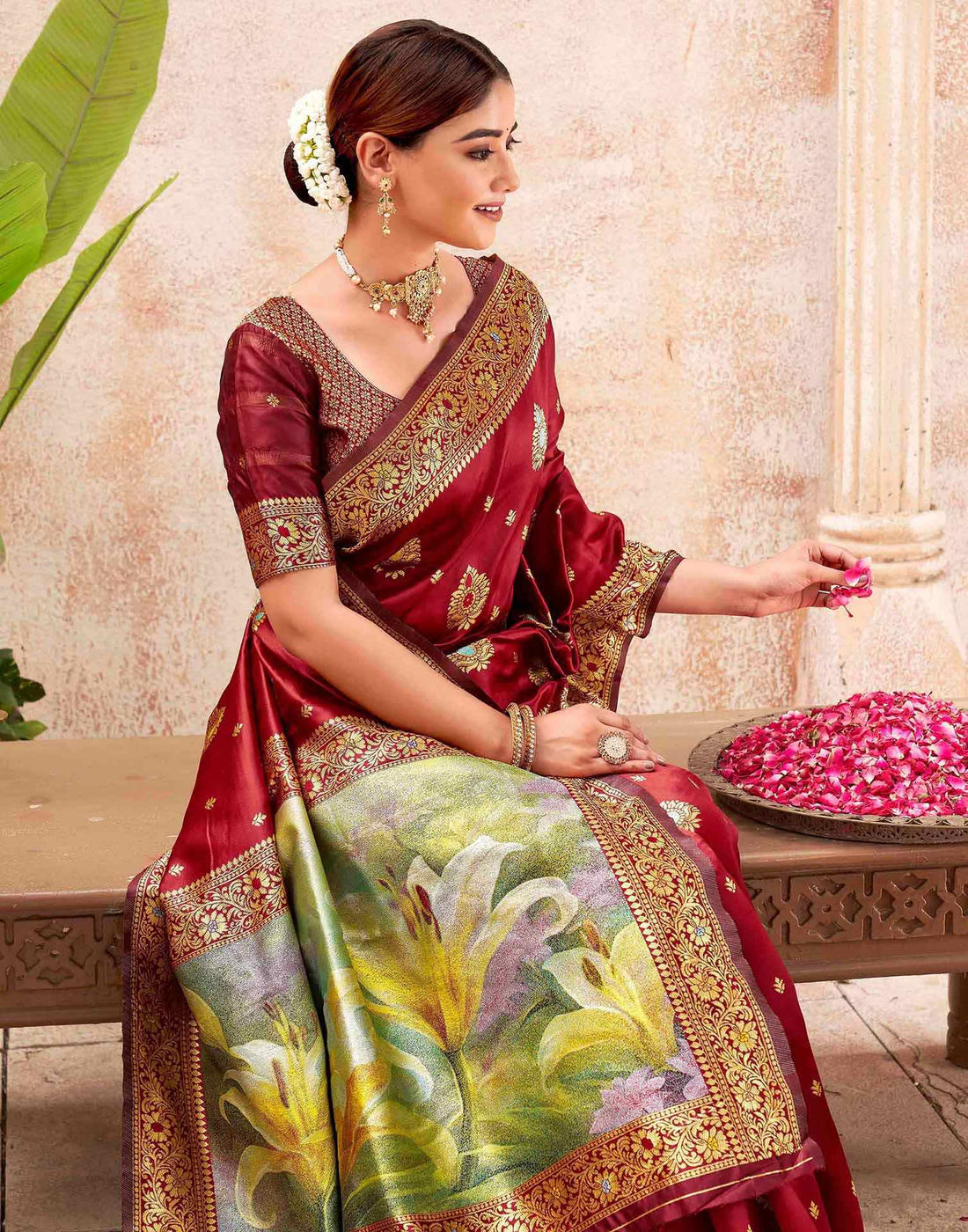 Maroon Silk Woven Banarasi Saree