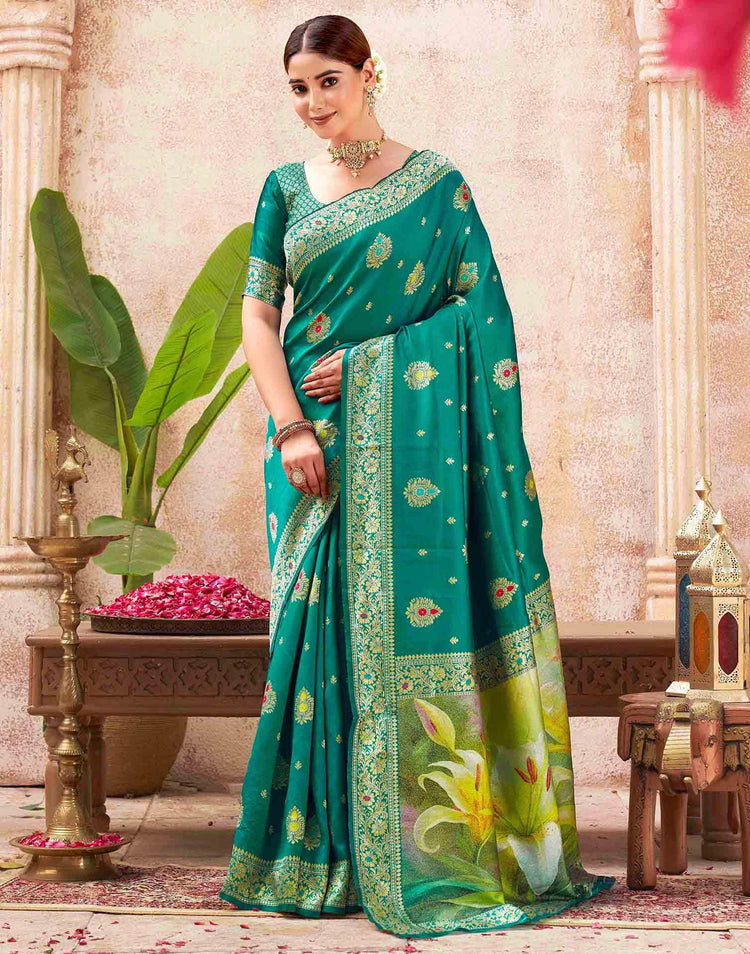 Teal Green Silk Woven Banarasi Saree