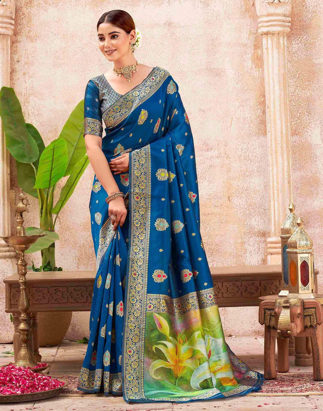 Peacock Blue Silk Woven Banarasi Saree