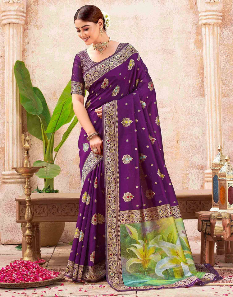 Dark Purple Silk Woven Banarasi Saree