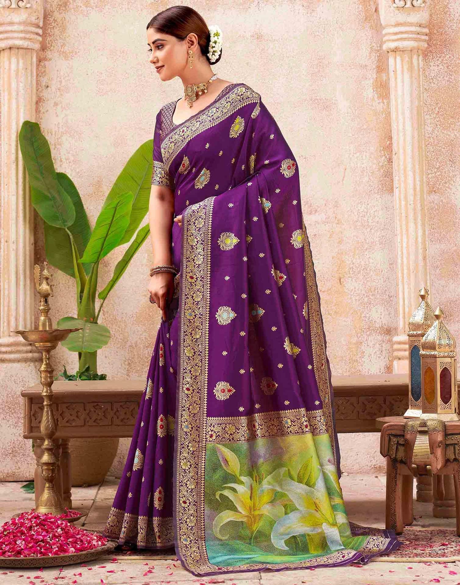 Dark Purple Silk Woven Banarasi Saree