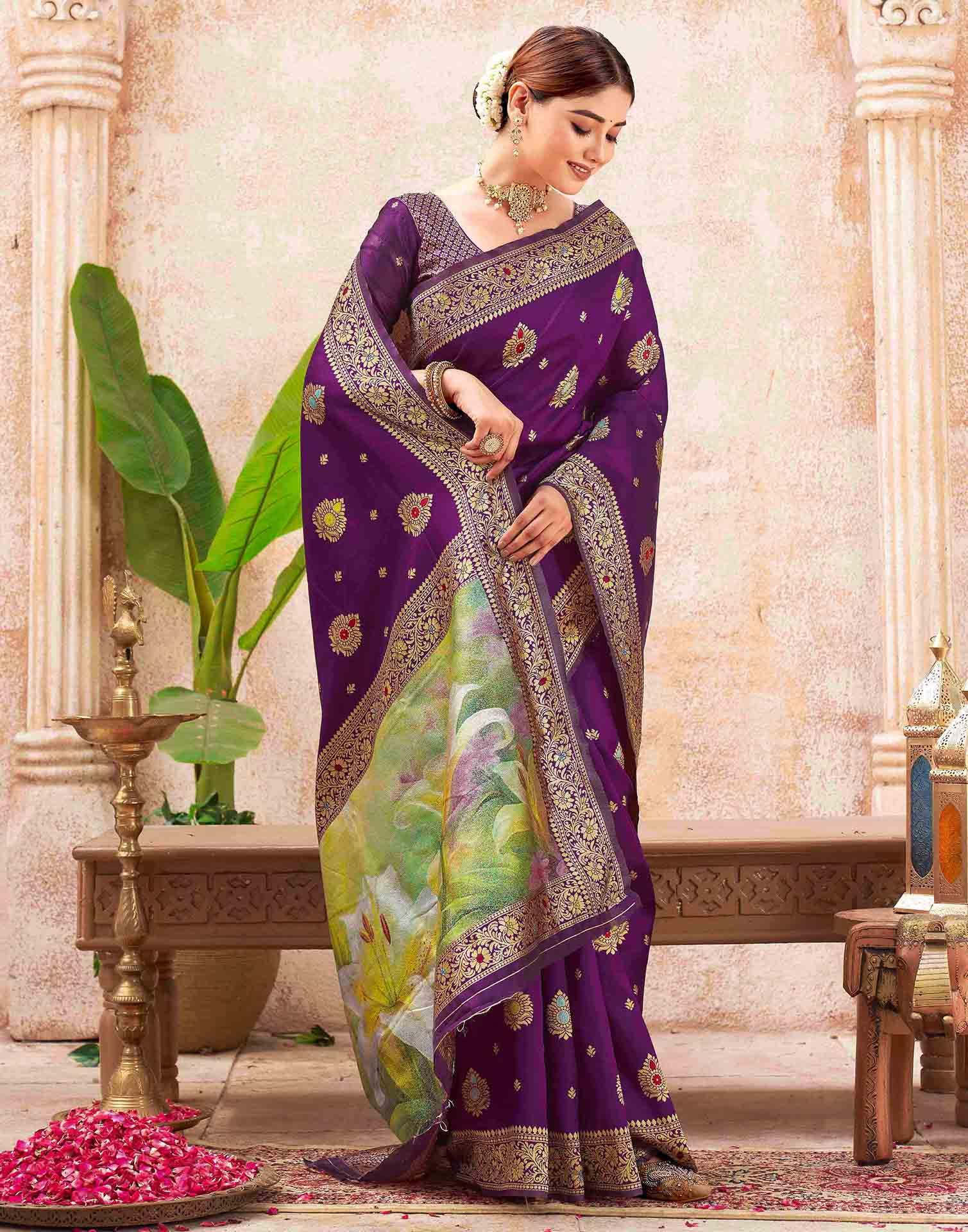 Dark Purple Silk Woven Banarasi Saree