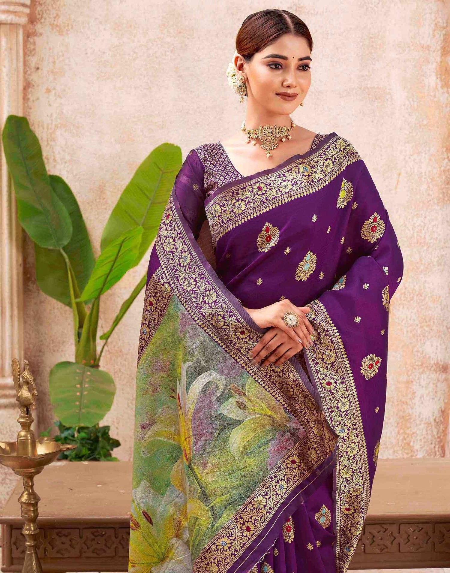 Dark Purple Silk Woven Banarasi Saree