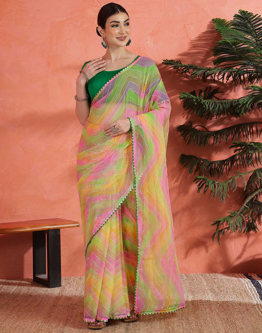 Green Georgette Foil Printed Saree