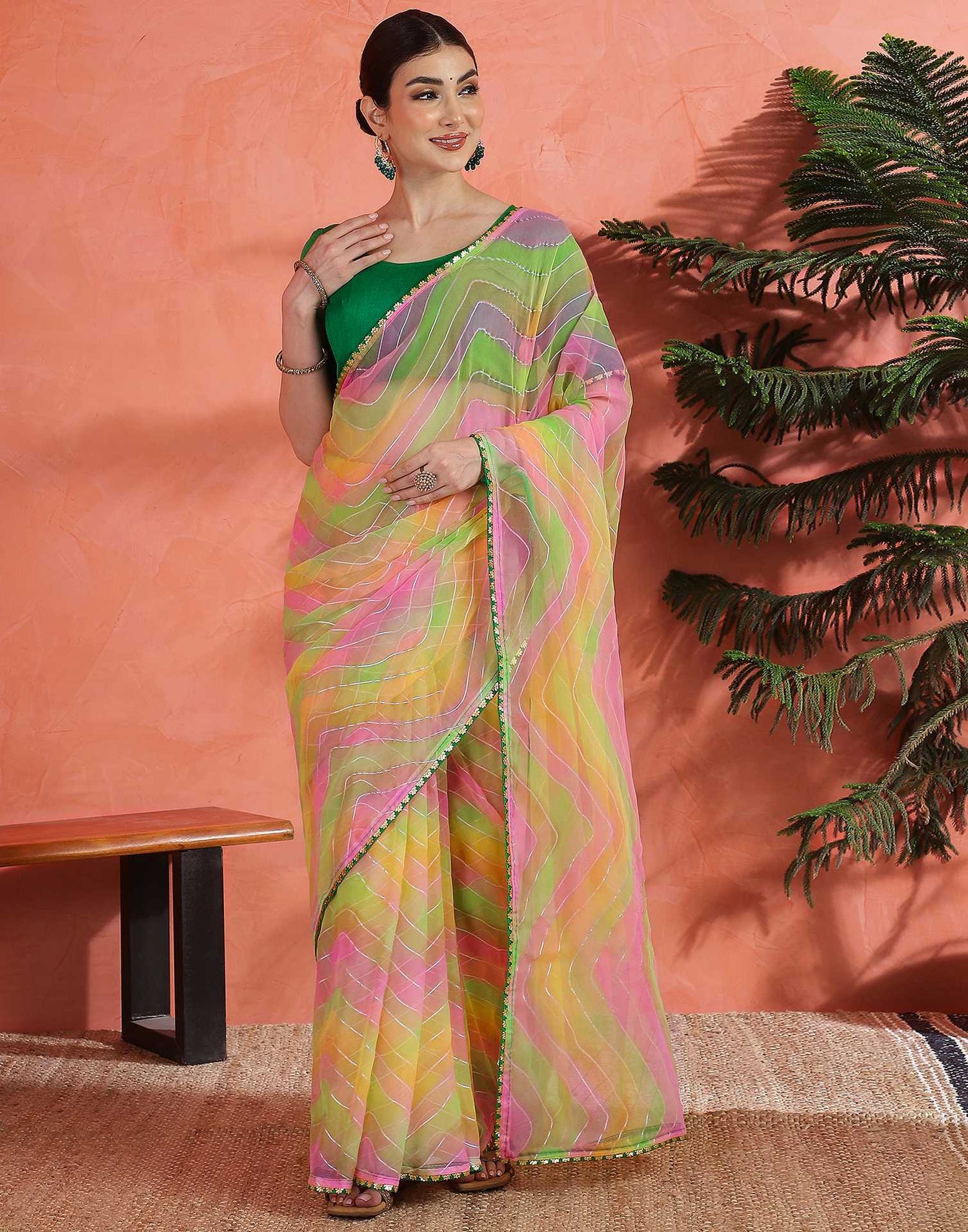 Green Georgette Foil Printed Saree