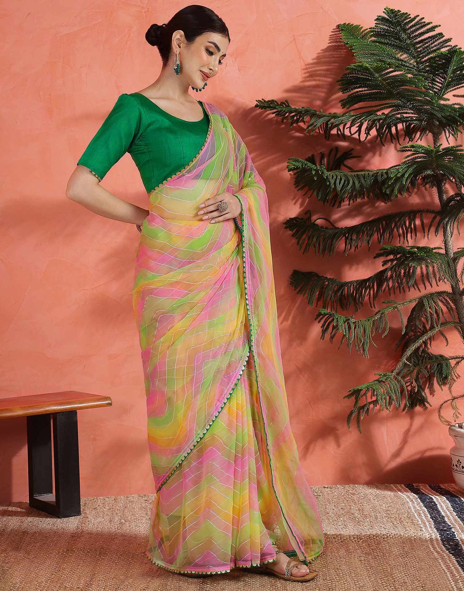 Green Georgette Foil Printed Saree