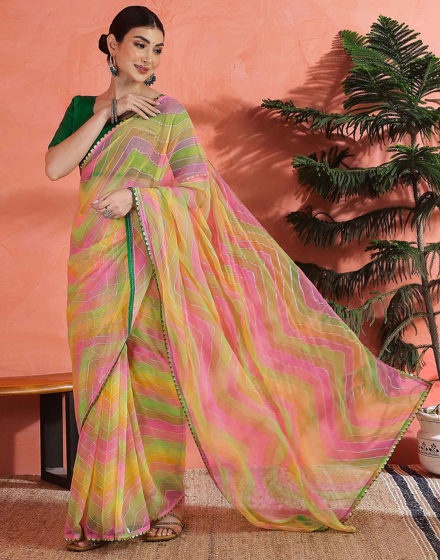 Green Georgette Foil Printed Saree