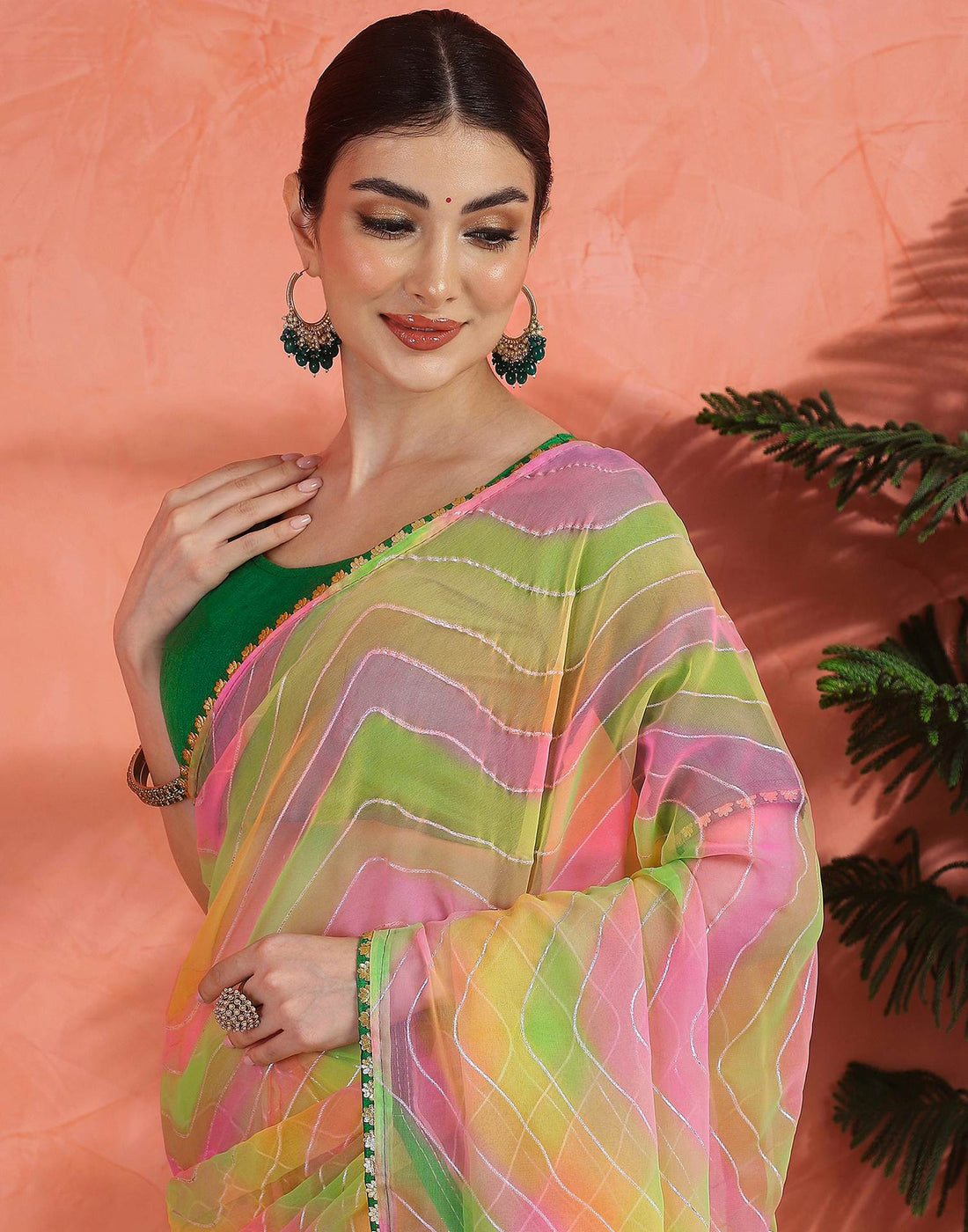 Green Georgette Foil Printed Saree