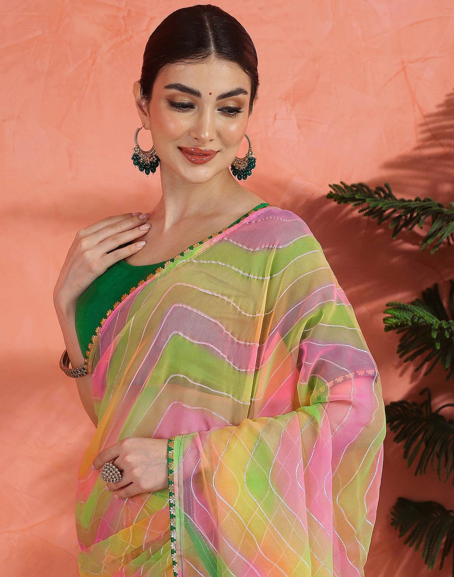 Green Georgette Foil Printed Saree