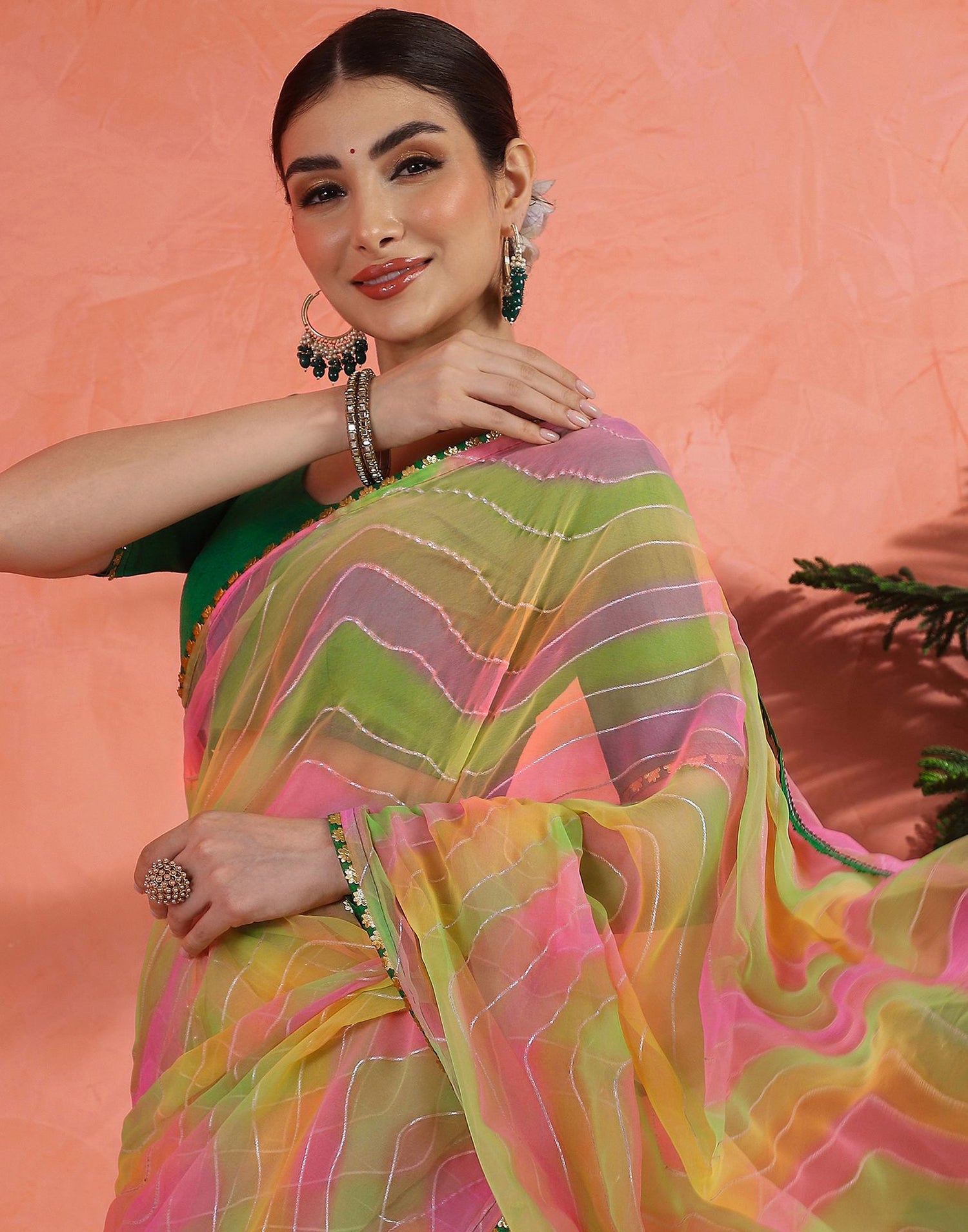 Green Georgette Foil Printed Saree