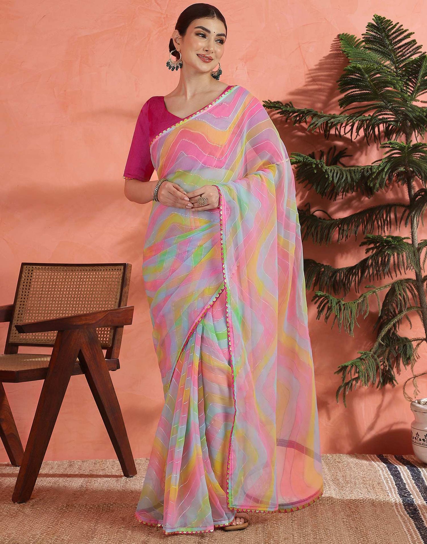Pink Georgette Foil Printed Saree