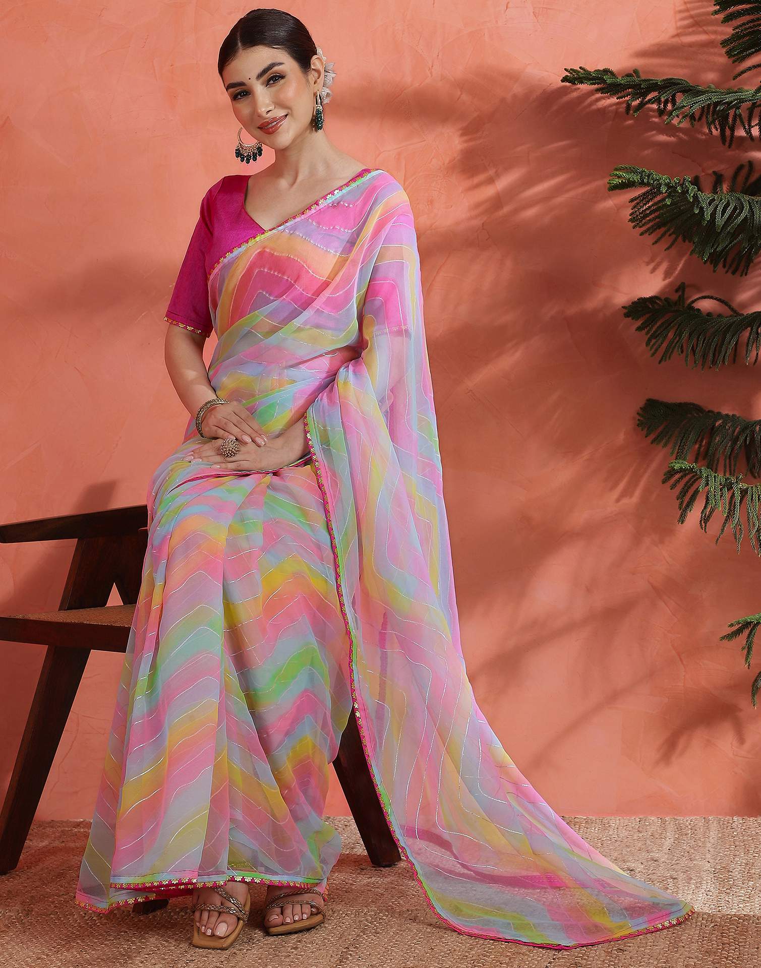 Pink Georgette Foil Printed Saree