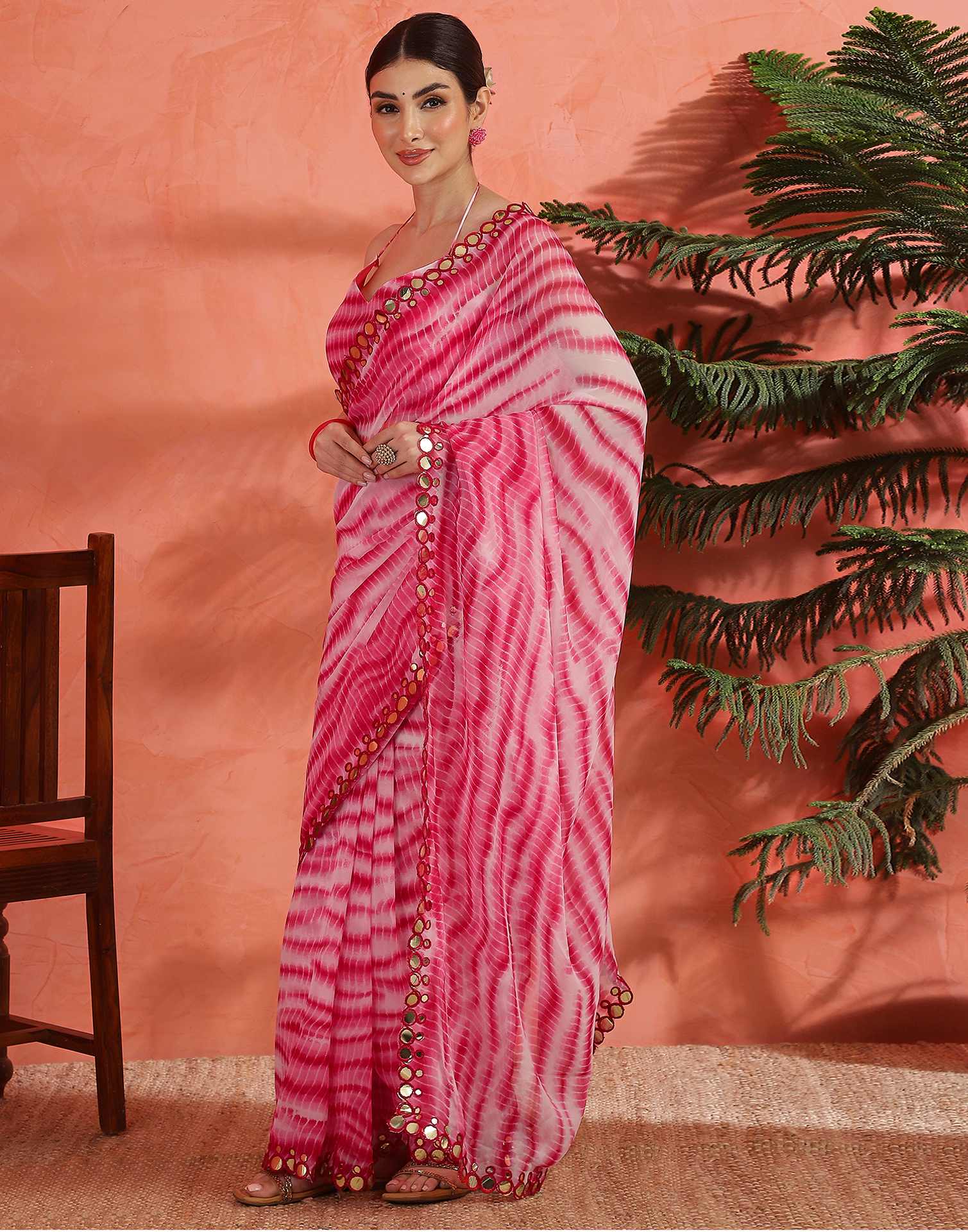 Pink Georgette Printed Laheriya Saree